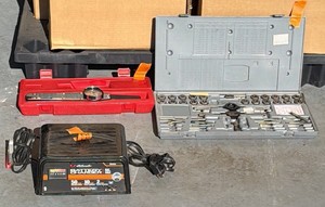 MAC dial torque wrench, SEARS CRAFTMAN tap and hex die set, electric battery charger