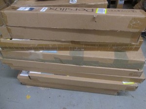 Assorted size 2in faux wood cordless window blinds and Roman window Shades and Persilux window curtain bundle