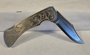 USA Marked Ornate Engraved Folding Pocket Knife with Gold Scrollwork