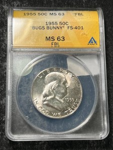 1955 US �BUGS BUNNY� FRANKLIN HALF DOLLAR ANACS MS63 FBL