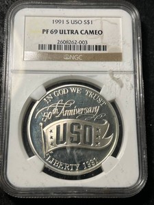 1991-S US COMMEM USO SILVER DOLLAR NGC PF69 ULTRA CAMEO