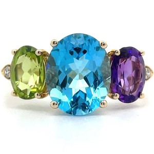 Natural Blue Topaz, Amethyst & Peridot Three-Stone Ring in 14k Yellow Gold with Diamonds VIDEO
