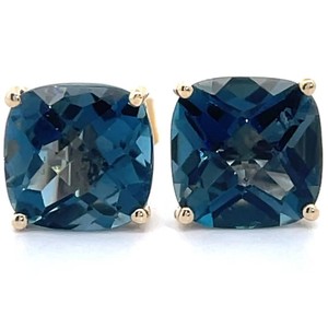 3.05 Carat London Blue Topaz Cushion Cut Solitaire Stud Earrings in 14k Yellow Gold VIDEO