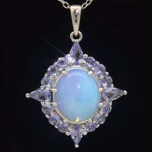 Cabochon White Opal & Natural Tanzanite Cluster Drop Pendant Necklace VIDEO