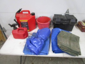 Gas Jugs, Tarps, Battery Box, Bucket