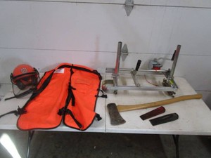 Chainsaw Chaps, Helmet, Axe, Wedges, Chainsaw Sawmill Piece