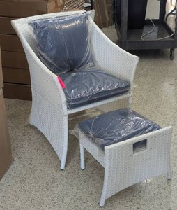 All-Weather Wicker Chair and Ottoman - White - Blue Cushions