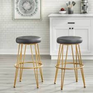 Buylateral Set of 2 Mazzini Faux Leather 24 Counter Height Barstools with Gold Metal Frame Round, Armless, Footrest
