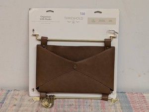 Entryway Organizer Faux Leather and Gold - Threshold Wall Mounted Mail Holder with Hooks, Brown, 14 Length