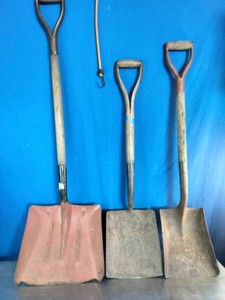 Three vintage D-handle flat-head and transfer shovels