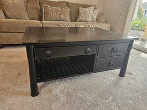Asian Inspired Distressed Black Three Drawer Cocktail Table with Lattice Shelf