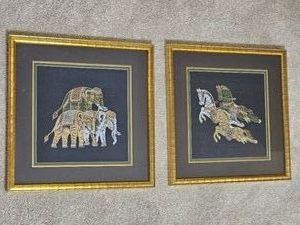 Batik Style Painted Fabric Elephant and Horse Wall Art Pair