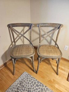 French Country Cross Back Dining Chairs with Herringbone Woven Seats, Pair