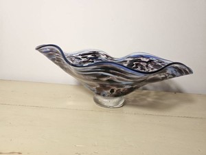 Large Hand Blown Studio Art Glass Ruffled Centerpiece Bowl