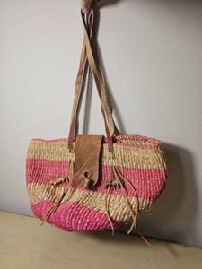 African Kiondo Style Woven Sisal Market Tote with Leather Handles