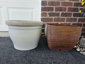 Outdoor Ceramic Planter Pair in Cream and Copper Brown