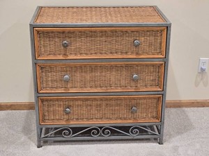 Wicker and Steel Three-Drawer Chest with Scrolled Base