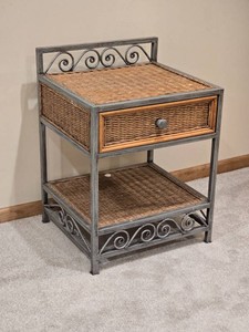 Wicker and Steel Nightstand with Scroll Gallery Back
