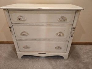 Cream Painted Three-Drawer Chest with Carved Pulls and Turned Columns