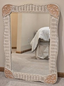 Whitewashed Wicker Wall Mirror with Carved Corner Accents