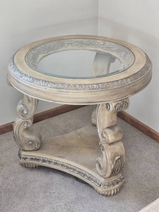 Ornate French Provincial Round Glass Top End Table with Scroll Base