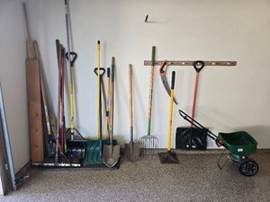 Garage and Garden Tool Collection with Shovels, Rakes, Snow Shovels, Spreader and More