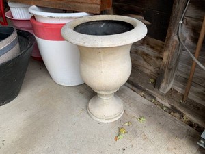 Metal chair, plastic planters