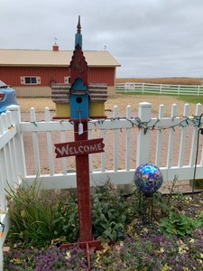 Wood bird house stand and gazing ball