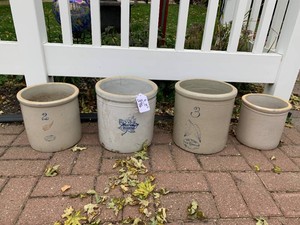 (4) Crocks - 2 gal Red Wing cracked, 3 gal Western cracked, 3 gal Red Wing chipped, plain has chip