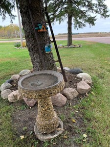 Rock bird bath, metal ladder with bird houses