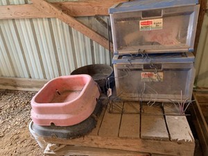 Storage containers with horse items, horse wall hanging, feed pans