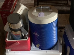 Thermos and Igloo coolers, Harvestore drink dispenser cooler