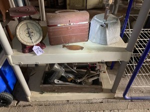 Vintage scale, teapot, apple peelers, wood box all including shelf