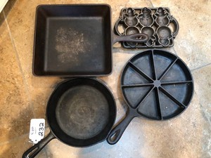 Cast iron skillets (3) and (1) snowman mold