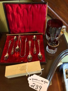 Spoon collections and advertising glassware red glasses Lester Prairie and St. Paul