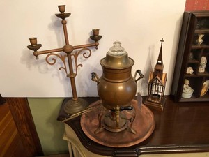 Copper items - candle holder, coffee pot and others