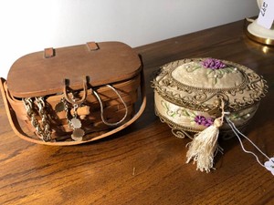 Jewelry box and basket with some jewelry