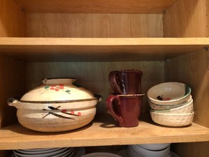 Pottery casserole and bowls, mugs
