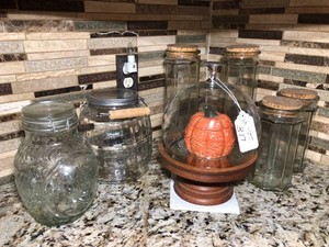 Glass canisters and jars all in corner