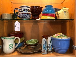 Pottery pieces, Poland mug, salt and pepper shakers, blue pottery bowl(cracked)