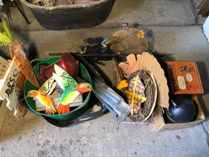 Metal and wood holiday decorations, water tub, bird feeders