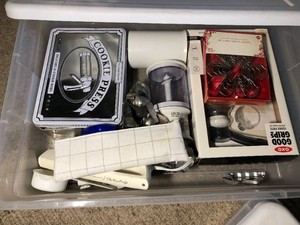 Cookie presses, cutters, kitchen utensils 2 totes of
