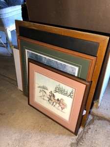 Card table, matted and framed Secretariat picture, other pictures