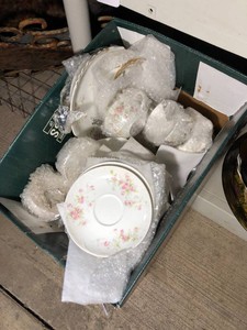 China set, with pink flowers other dishes and shelf