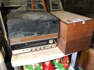 Allied stereo radio with Gerrard record player, speakers; and plastic Sterlite shelf