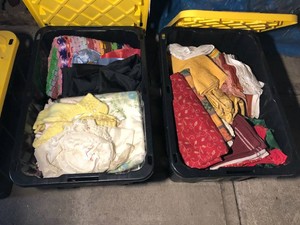Baby clothes, blankets, tablecloths, linens 2 totes of