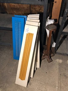 Wood shelves, plant stand, shutters