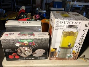 Juice dispenser, food mill, relish dishes 3 boxes of