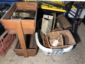 Laundry basket with wood baskets, bird house, wood stand