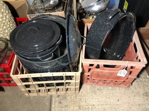 Milk crates with canning and roaster items